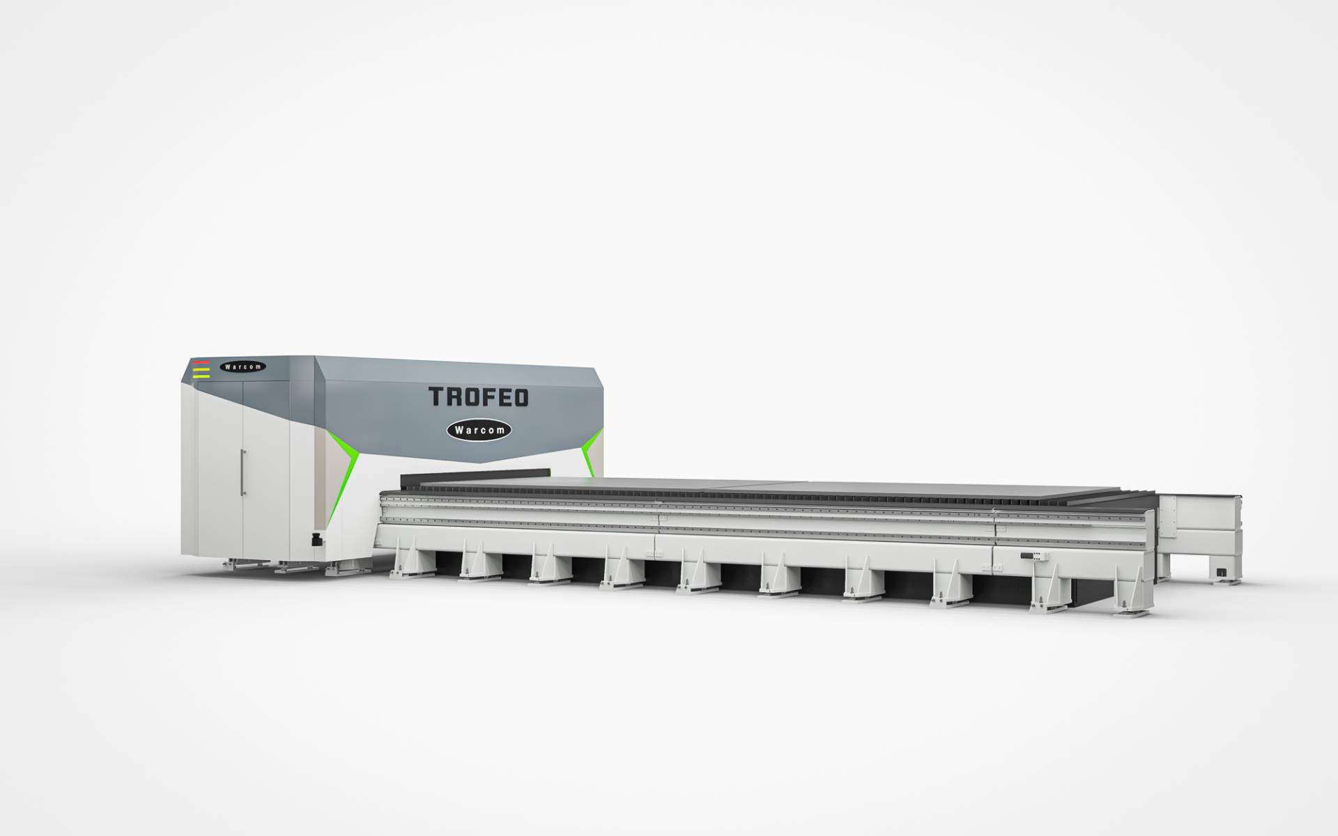Una grande macchina industriale per il taglio laser, denominata TROFEO, con una combinazione di colori grigio, nero e verde, su uno sfondo bianco.