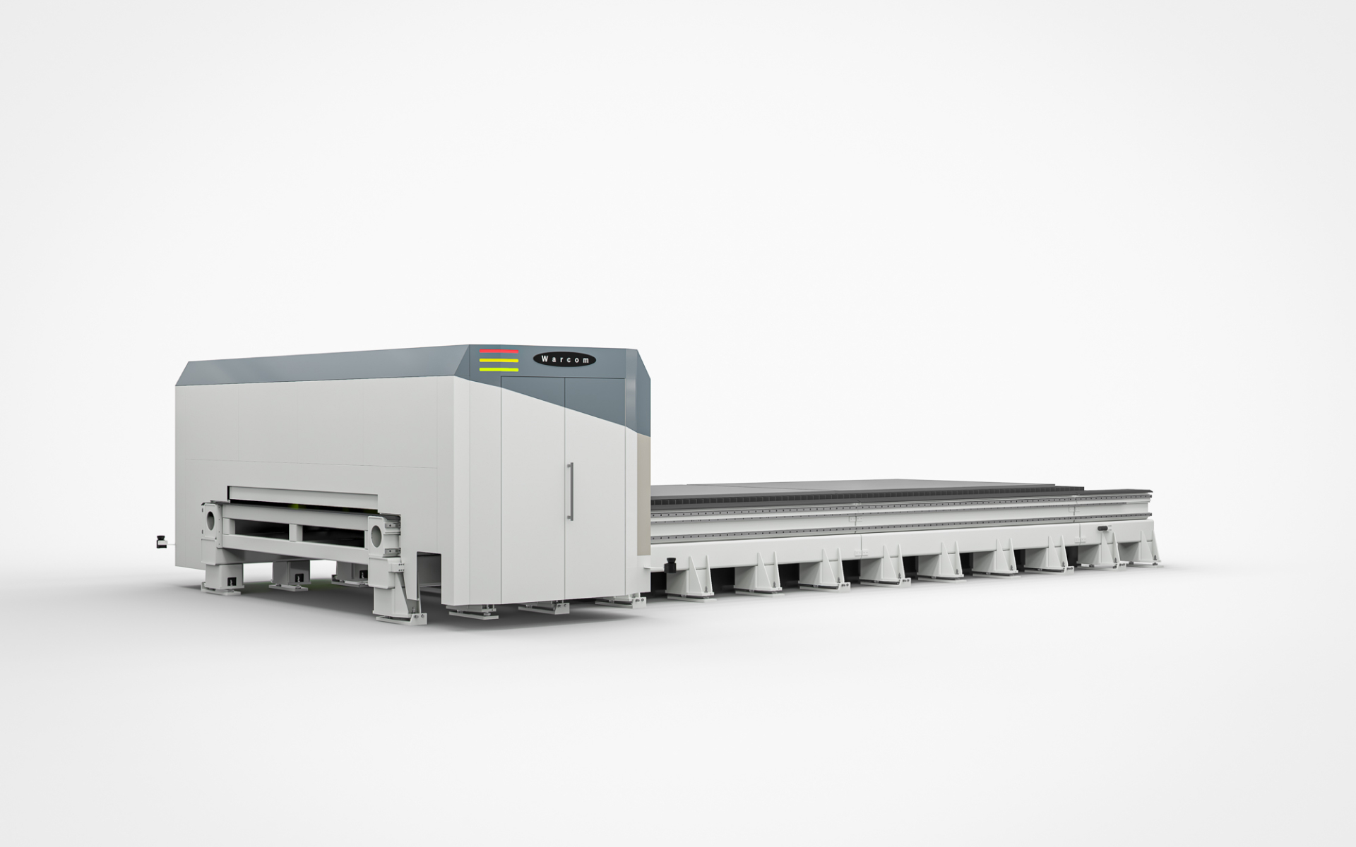 Una grande macchina industriale per il taglio laser dal design elegante e moderno, con un'unità di controllo chiusa e un lungo letto di taglio piatto, su uno sfondo bianco.