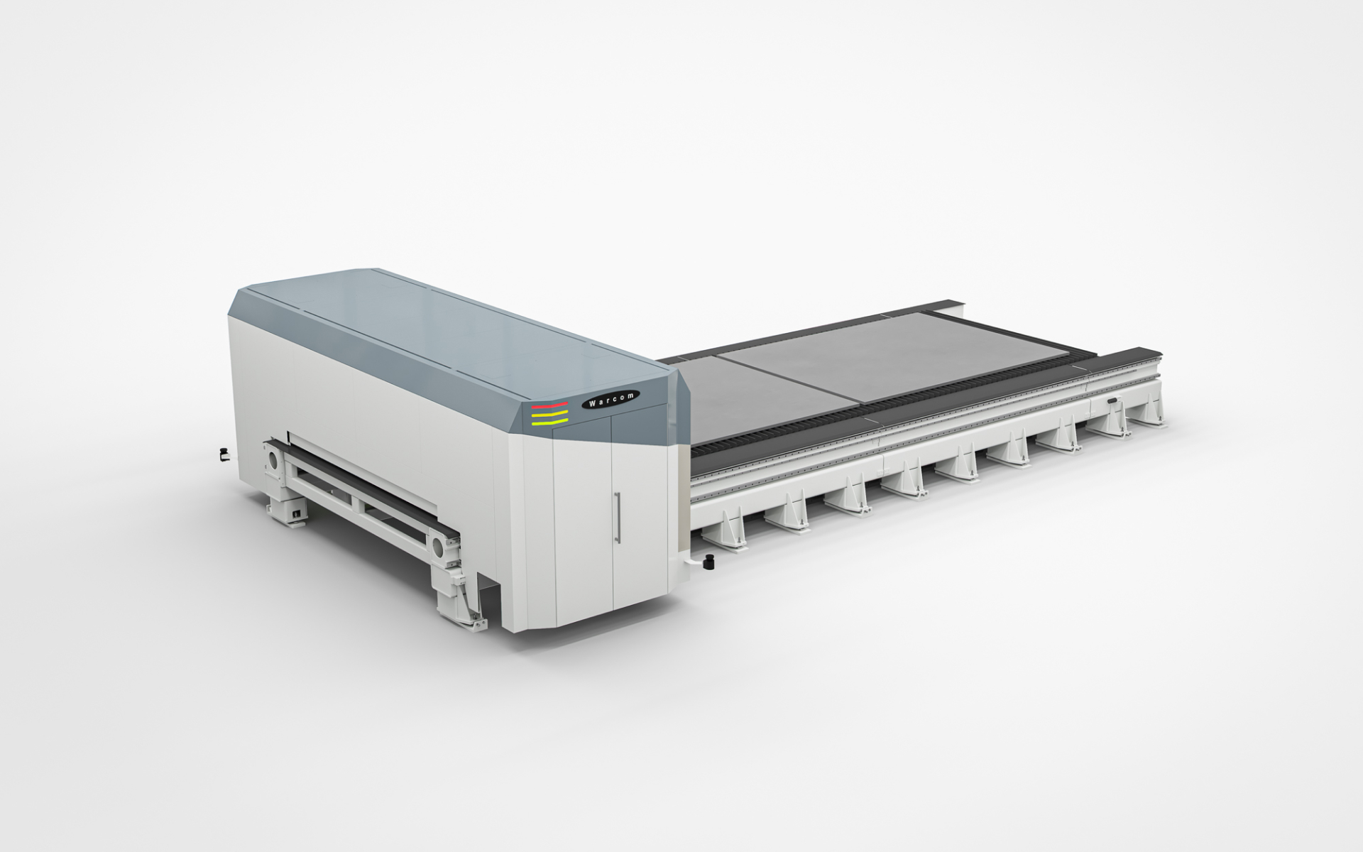 Una grande e moderna macchina industriale per il taglio laser con un corpo grigio e bianco e una superficie di lavoro piatta, mostrata su uno sfondo bianco.