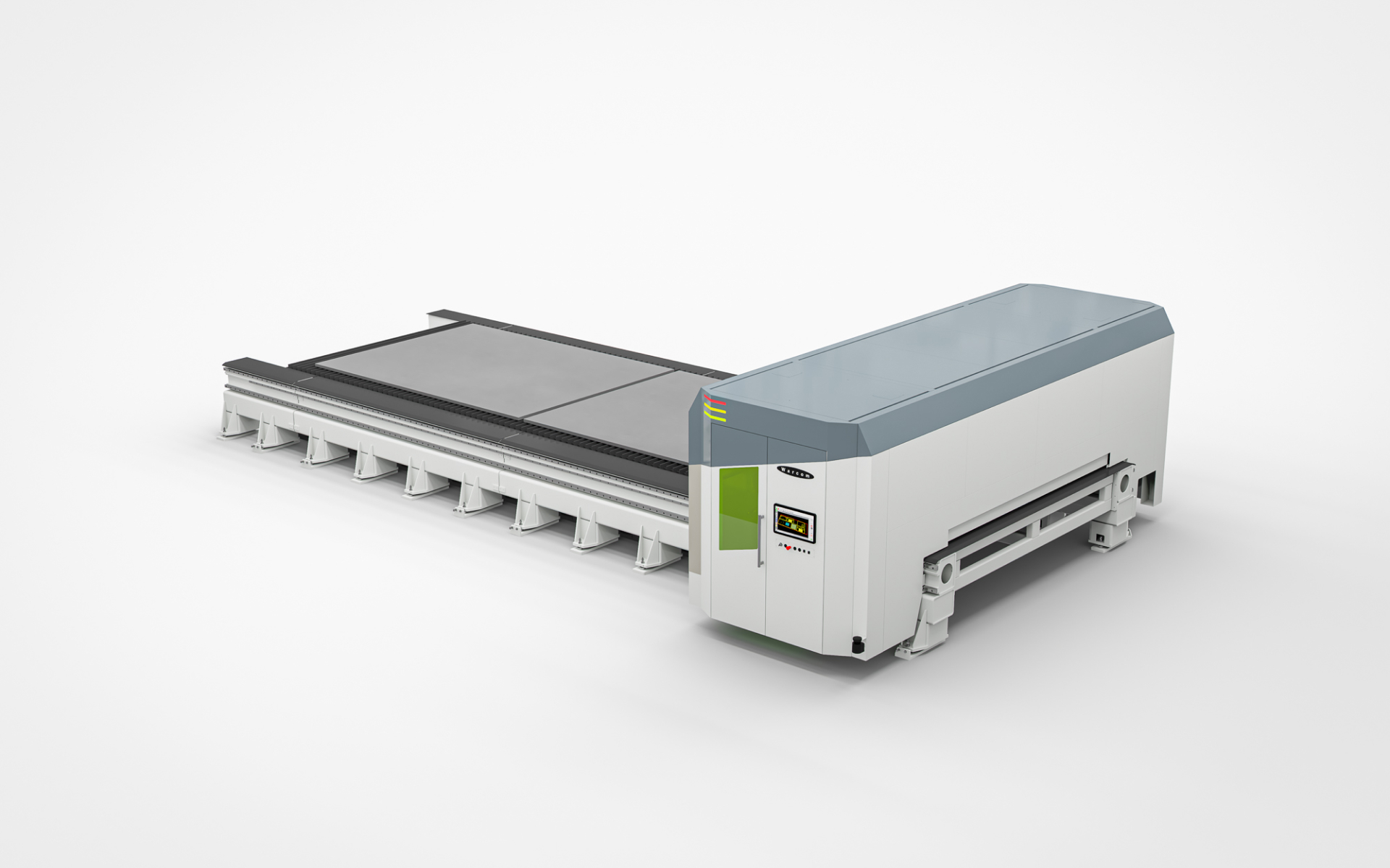 Una grande macchina industriale per il taglio laser a controllo numerico con un piano di lavoro piatto, un pannello di controllo e un involucro protettivo, visualizzati su uno sfondo bianco.