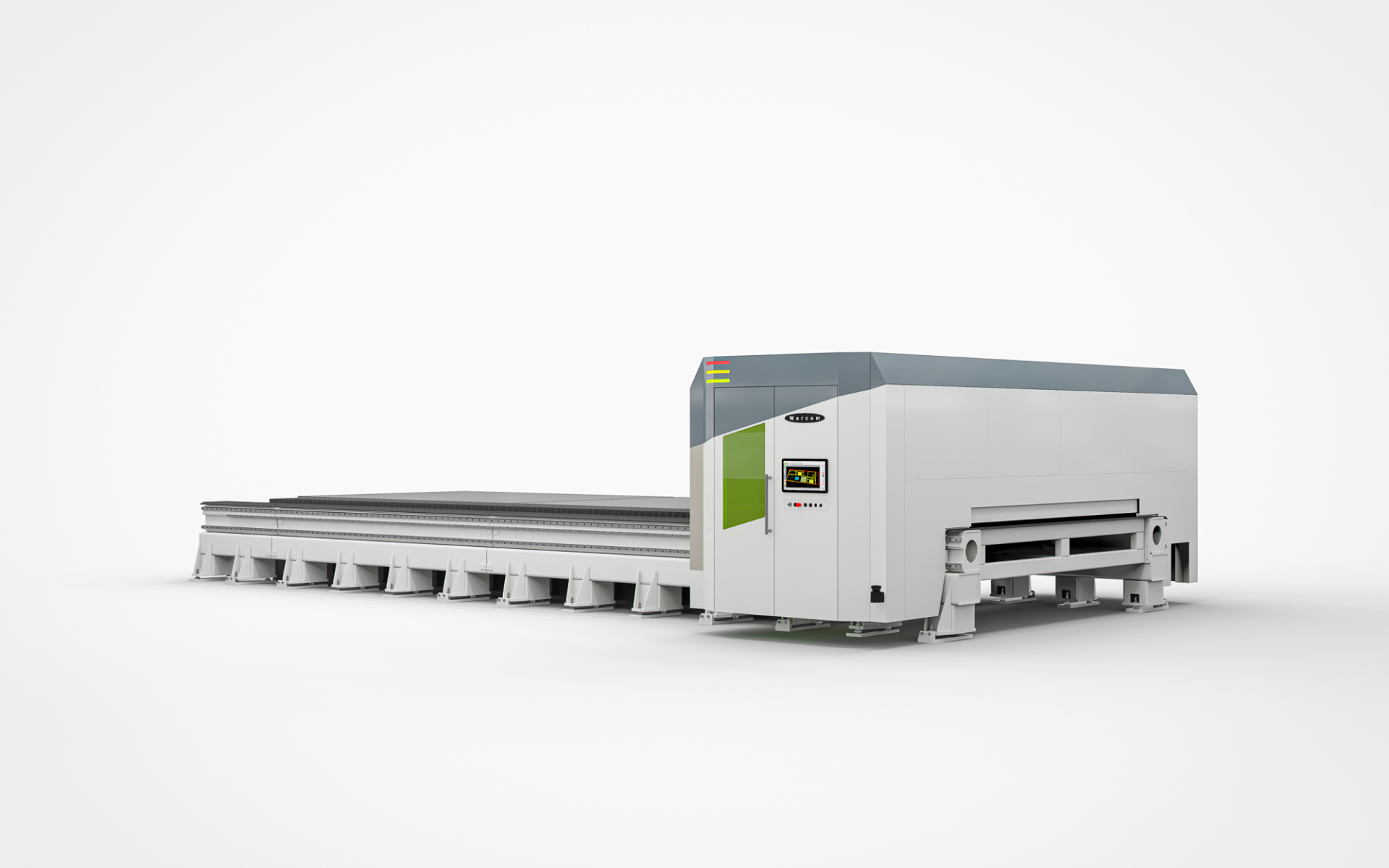 Una grande macchina industriale per il taglio laser CNC con corpo bianco e grigio, accenti verdi, pannello di controllo e un lungo letto di taglio piatto, su uno sfondo bianco.