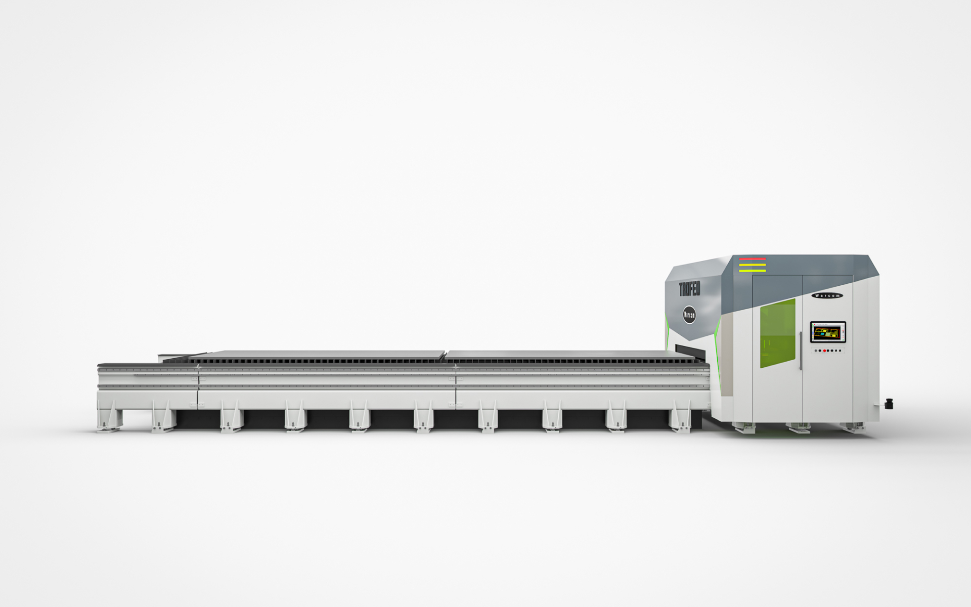 Una grande macchina industriale per il taglio laser a controllo numerico con esterno bianco e verde, pannello di controllo digitale e un lungo banco di taglio piatto, su uno sfondo bianco.