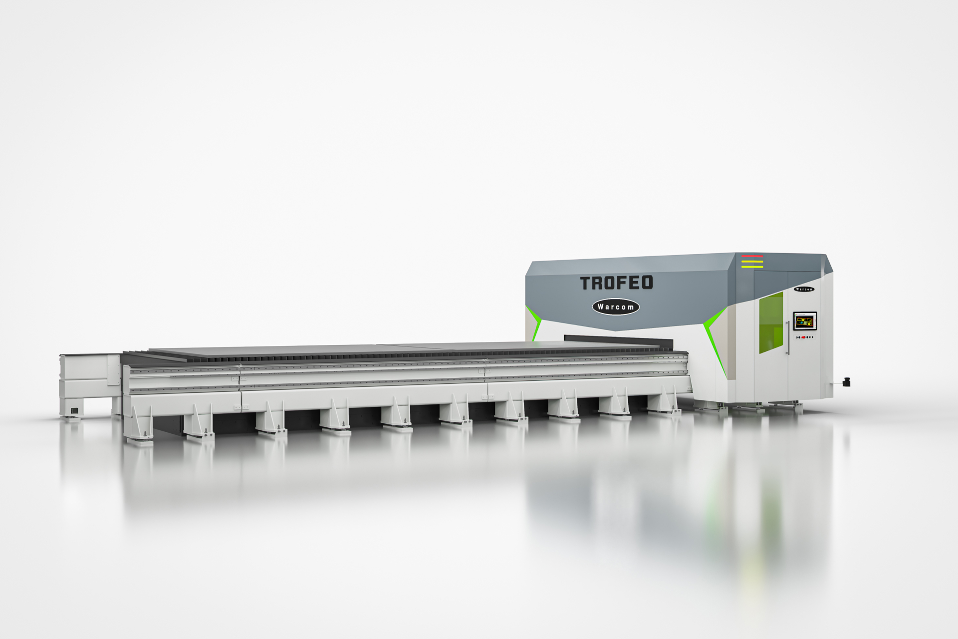 Una grande macchina industriale per il taglio laser etichettata TROFEO NUKON con un lungo banco di taglio piatto e un'unità di controllo chiusa, su uno sfondo bianco.