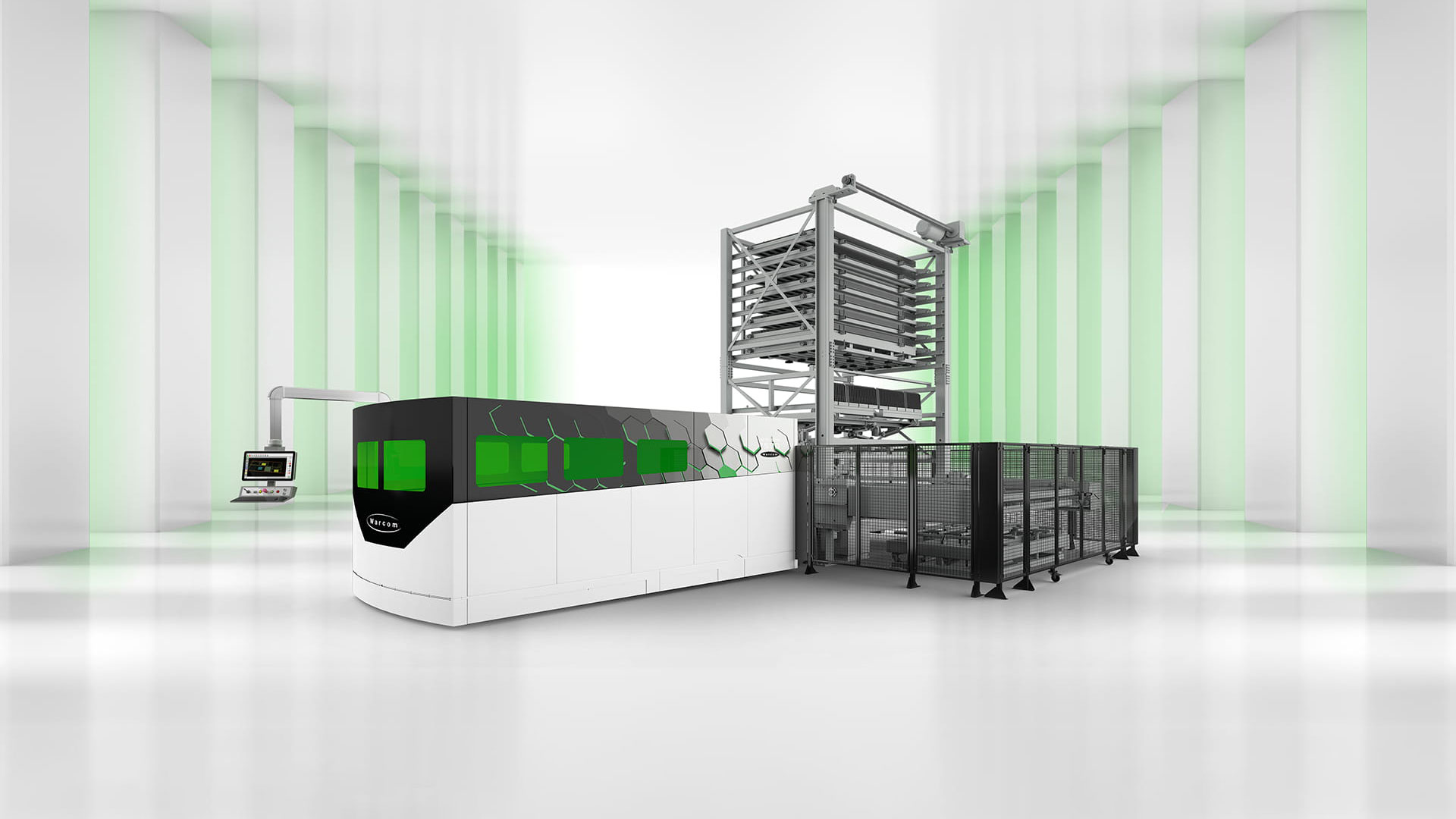In una stanza luminosa e futuristica si trova una macchina industriale moderna ed elegante, con un esterno bianco e nero e accenti verdi, collegata a un sistema di stoccaggio e prelievo automatico alto e metallico.
