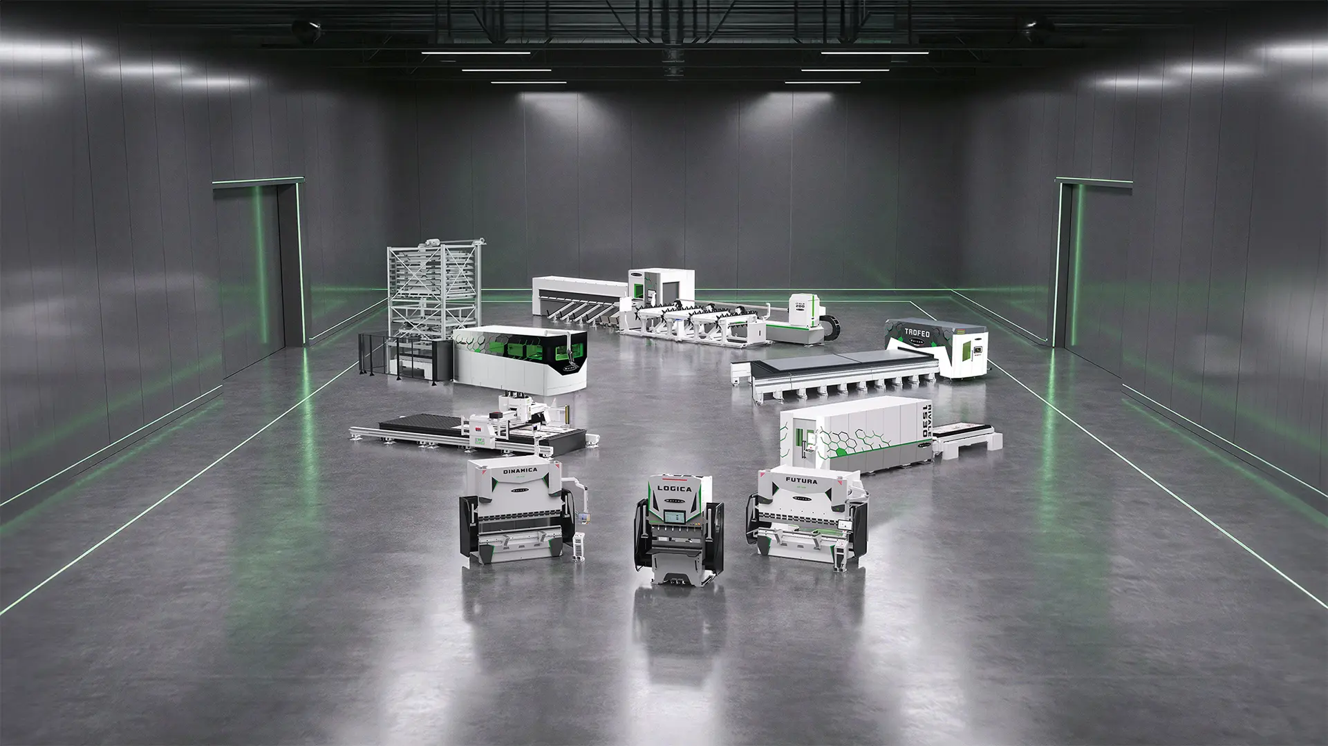 Grandi e moderne macchine industriali sono disposte in uno spazioso ed elegante magazzino grigio con pavimenti lucidi e una sottile illuminazione verde d'accento lungo le pareti.