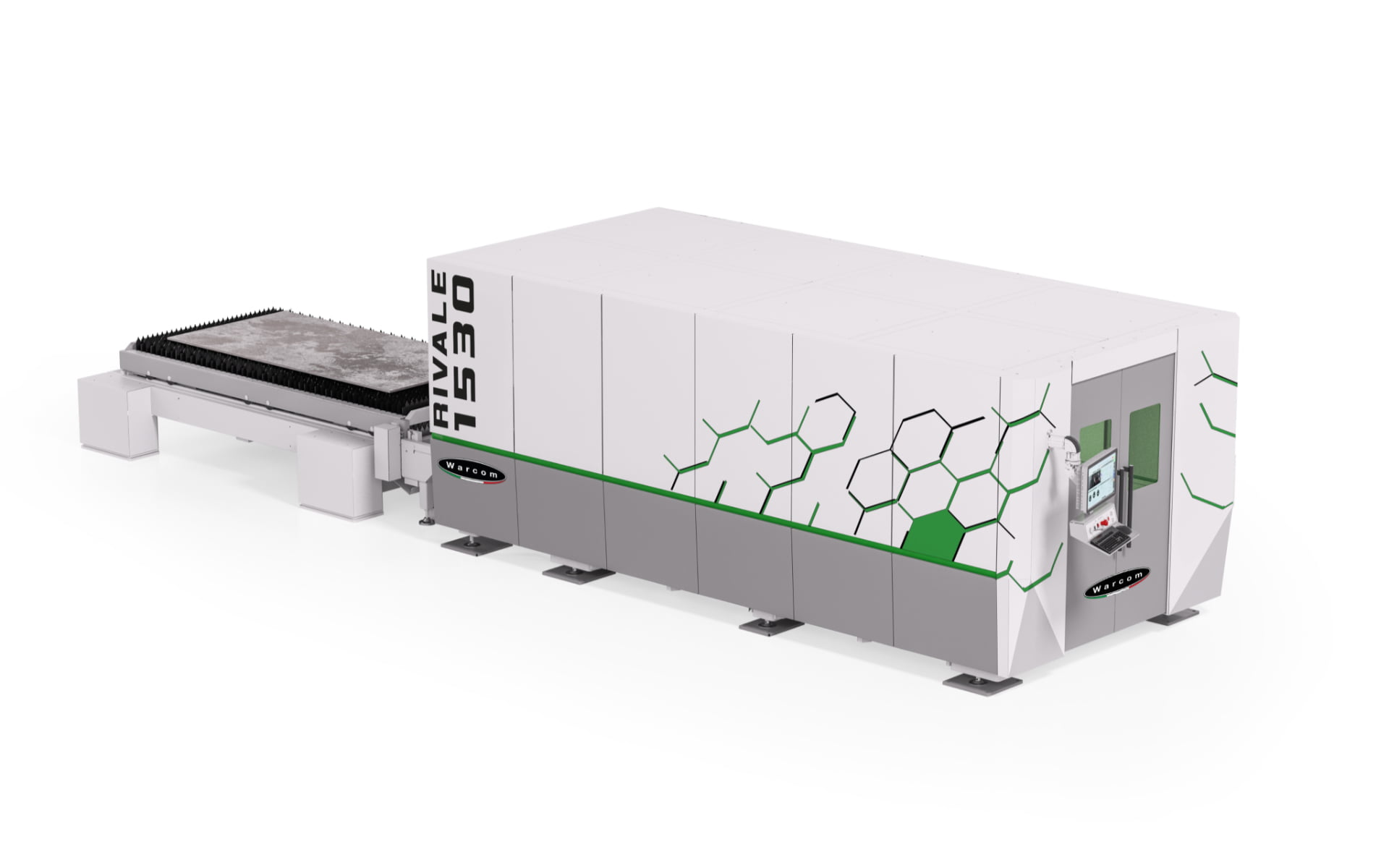 Una grande macchina industriale per il taglio laser con un disegno geometrico bianco e verde, etichettata AYMLE 1530. La macchina ha un'area di taglio chiusa e un pannello di controllo sul lato.