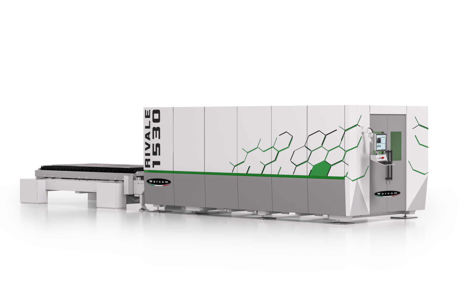 Una grande macchina industriale per il taglio laser, denominata Rivale 1530 con disegni geometrici verdi su pannelli bianchi, si trova su uno sfondo bianco con un pannello di controllo sul lato destro.