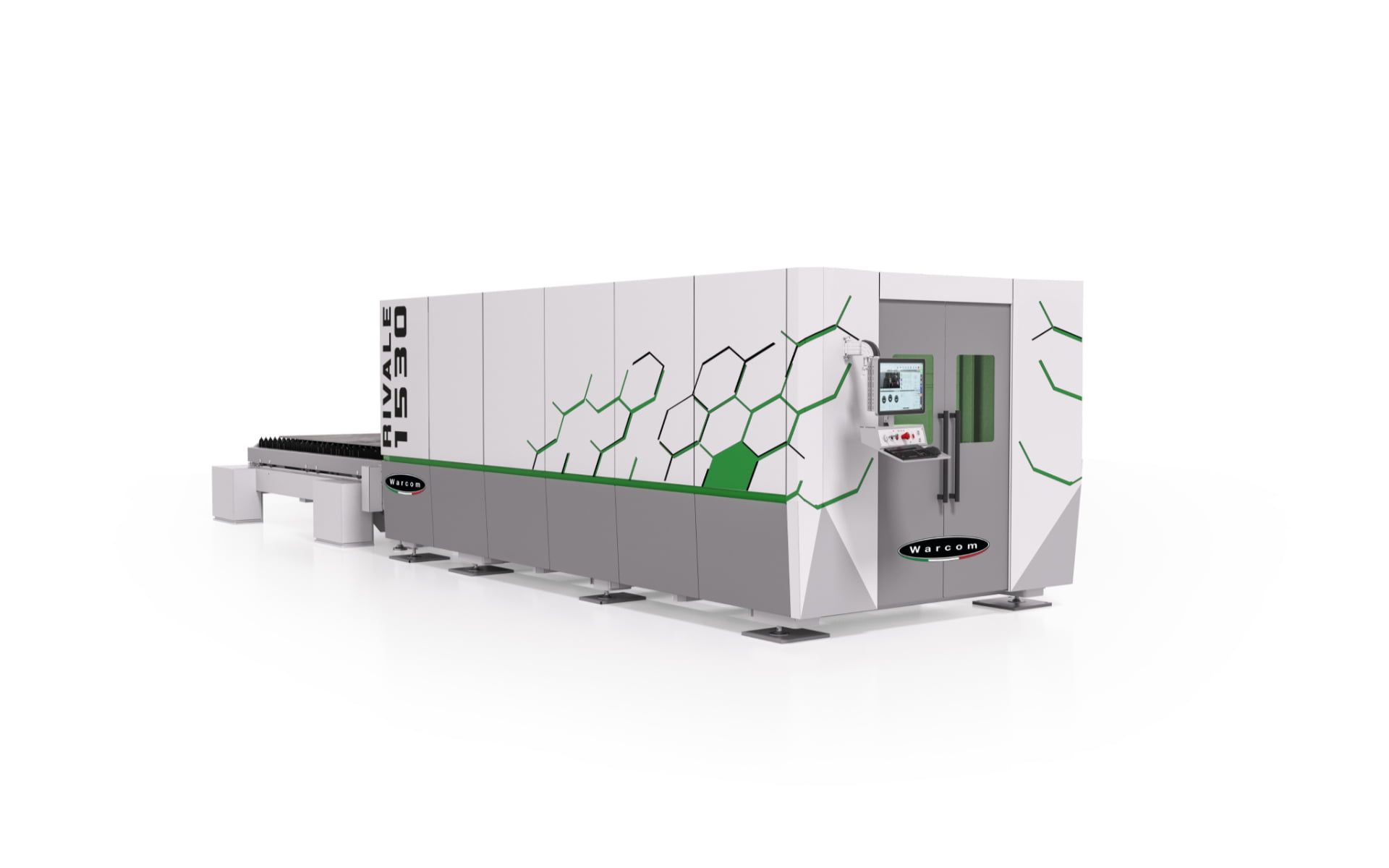 Grande macchina industriale per il taglio laser con esterno bianco, accenti geometrici verdi e pannello di controllo sulla parte anteriore. La macchina è rettangolare e moderna, con sezioni metalliche che si estendono dal lato sinistro.