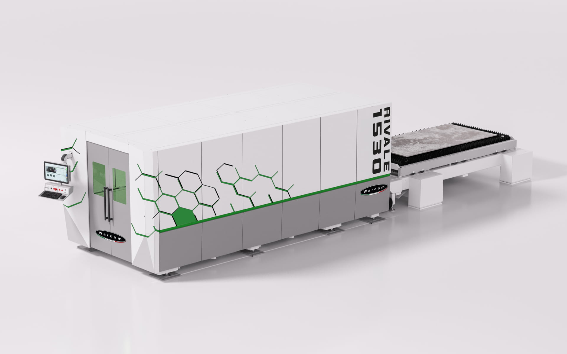 Una grande macchina industriale bianca per il taglio laser con disegni esagonali verdi, un pannello di controllo a sinistra e una piattaforma in lamiera che si estende a destra, su uno sfondo bianco.