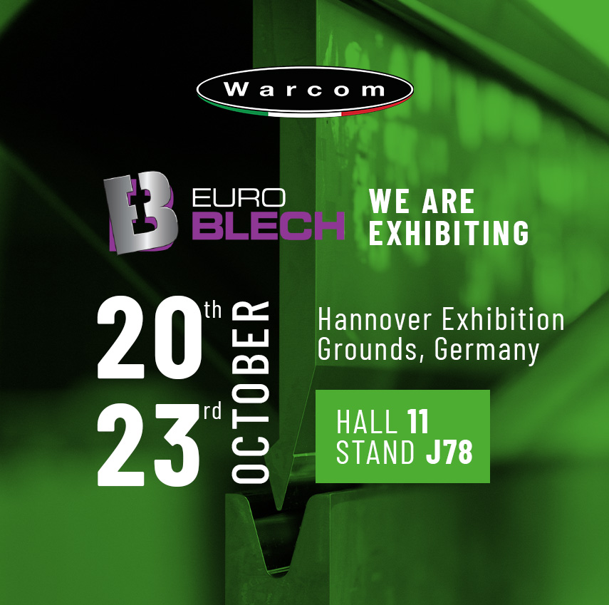 Annuncio della fiera EuroBLECH (verde e nero): Warcom sarà presente al Centro Espositivo di Hannover, in Germania, dal 20 al 23 ottobre. Padiglione 11, stand J78.